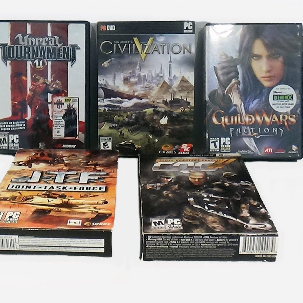 5 PC Game Lot-Unreal Tournament 3/Civilization V/JTF/Guild Wars Faction/CQC